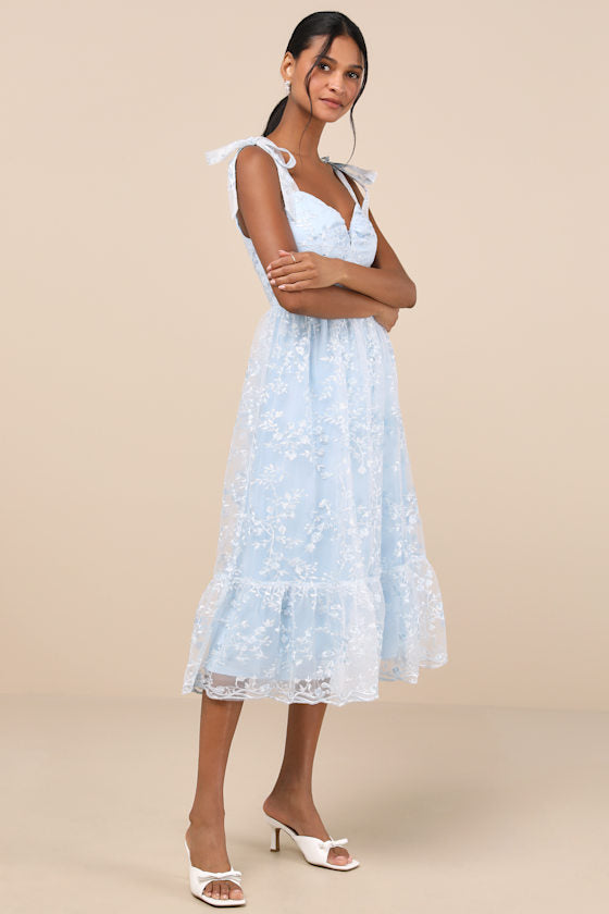 Distinctly Sweet Blue Floral Embroidered Tie-Strap Midi Dress
