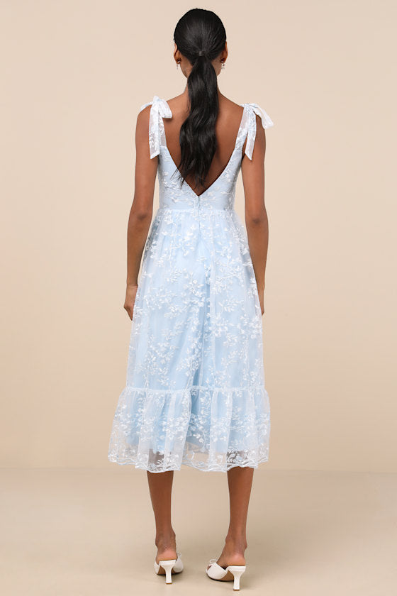 Distinctly Sweet Blue Floral Embroidered Tie-Strap Midi Dress