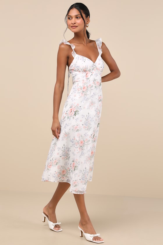 Delightful Direction White Floral Ruffled Tie-Strap Midi Dress