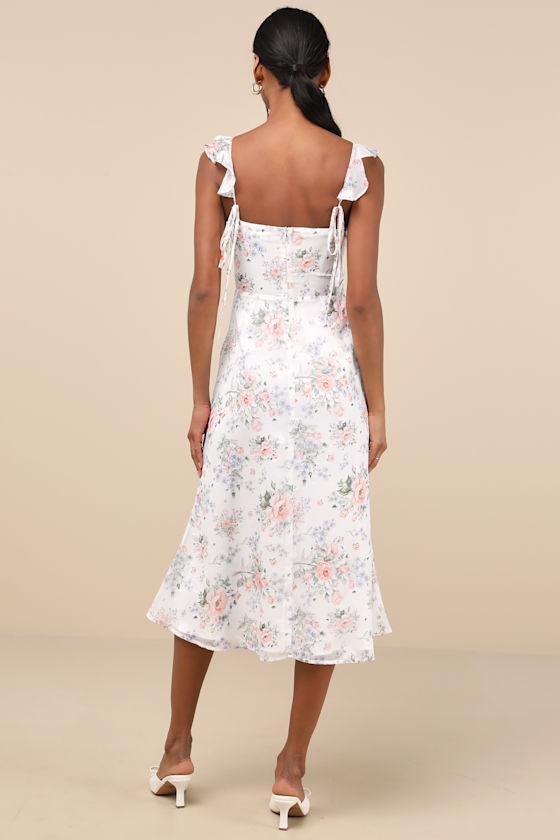 Delightful Direction White Floral Ruffled Tie-Strap Midi Dress