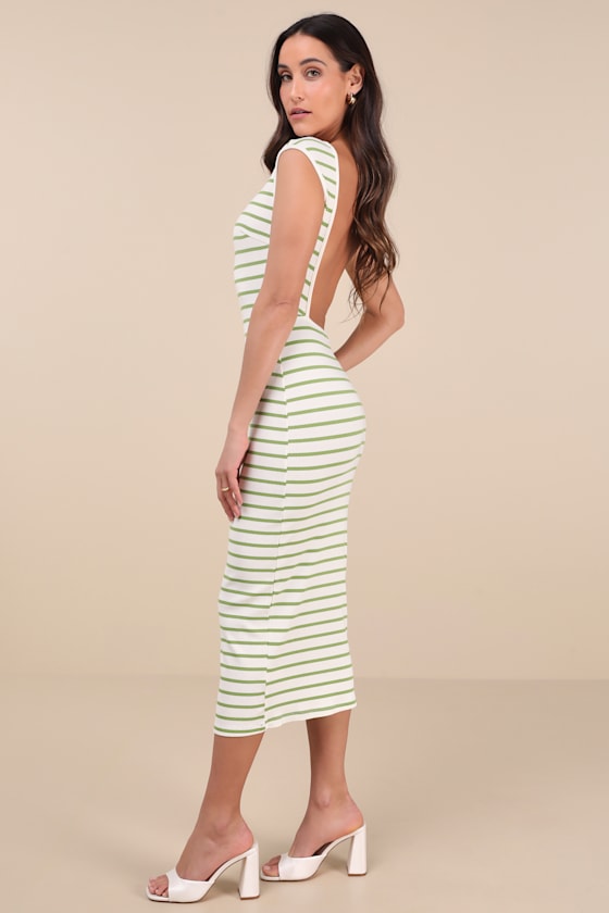 Chic Existence Ivory and Green Striped Backless Midi Dress