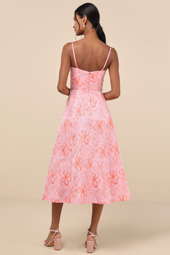 Meet for Tea Pink Jacquard Bustier Midi Dress With Pockets