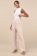 Chic Muse Beige High-Rise Straight Leg Trouser Pants