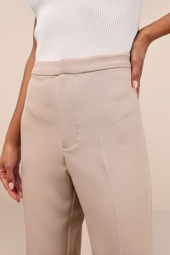 Chic Muse Beige High-Rise Straight Leg Trouser Pants