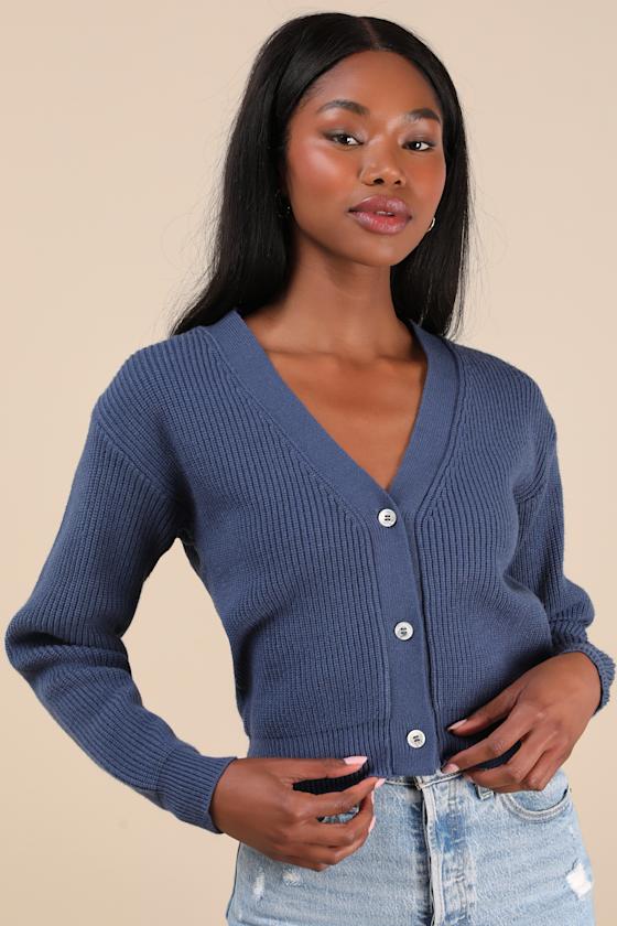 Toasty Babe Dark Blue Knit Button-Up Cropped Cardigan