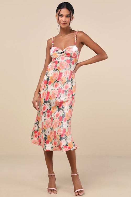 Sensational Spirit Peach Multi Floral Satin Tie-Back Midi Dress