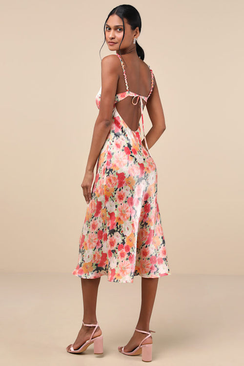 Sensational Spirit Peach Multi Floral Satin Tie-Back Midi Dress
