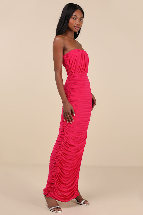 Illy Hot Pink Mesh Strapless Maxi Dress