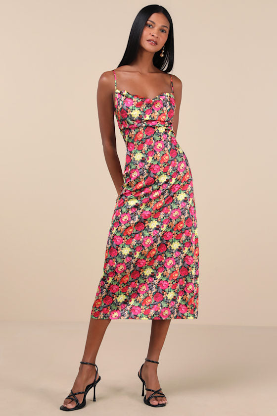 Favorite Icon Black Multi Floral Satin Cowl Neck Slip Midi Dress