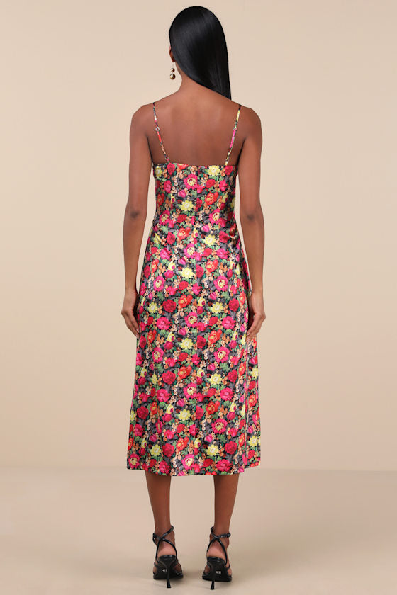 Favorite Icon Black Multi Floral Satin Cowl Neck Slip Midi Dress