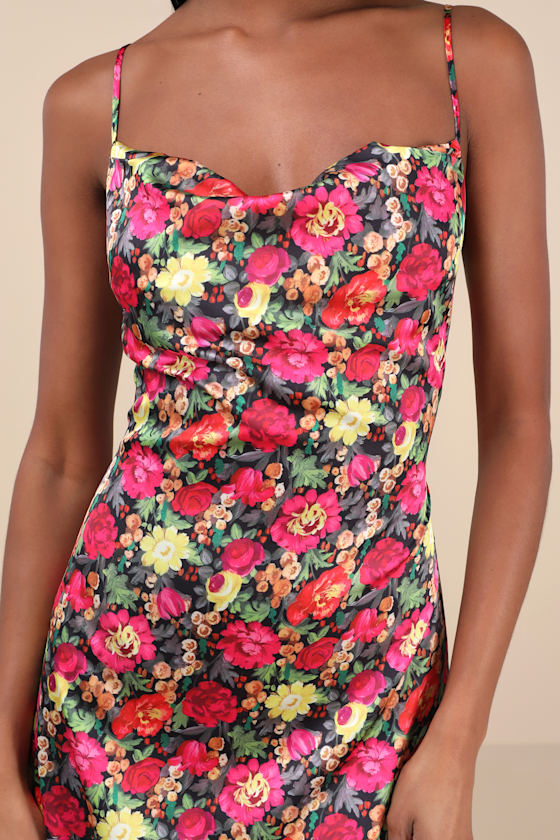 Favorite Icon Black Multi Floral Satin Cowl Neck Slip Midi Dress