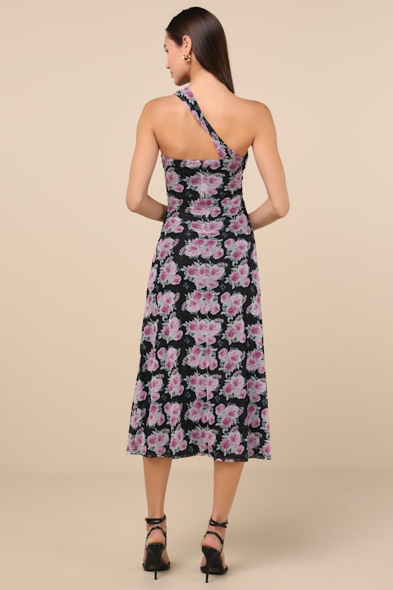 Outstanding Mood Black Floral Slinky Knit One-Shoulder Dress