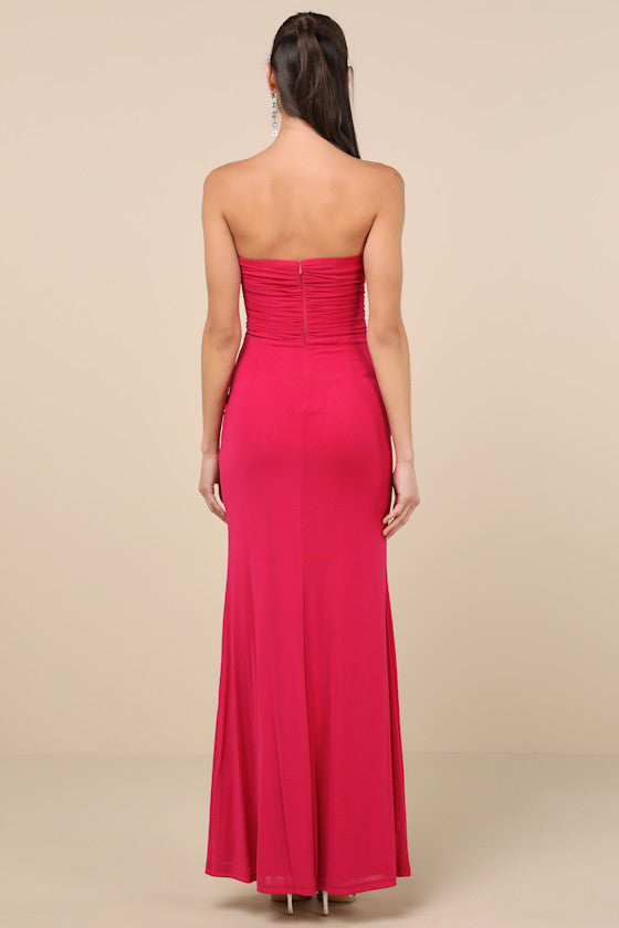 Epitome of Allure Fuchsia Mesh Strapless Ruched Maxi Dress
