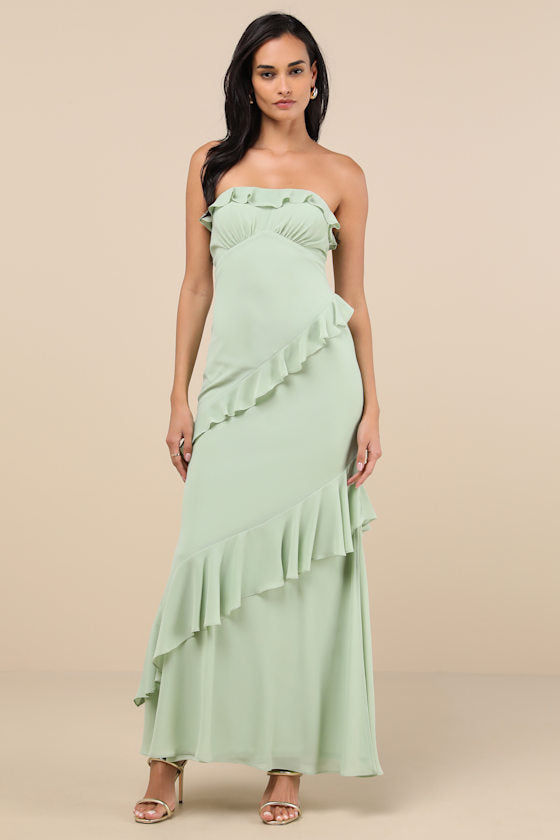 Dramatic Allure Sage Green Ruffled Cutout Strapless Maxi Dress
