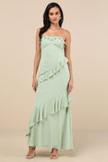 Dramatic Allure Sage Green Ruffled Cutout Strapless Maxi Dress