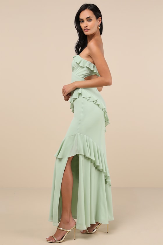 Dramatic Allure Sage Green Ruffled Cutout Strapless Maxi Dress