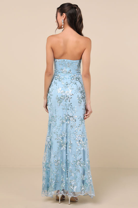 Confident Sensation Blue Sequin Strapless Bustier Maxi Dress