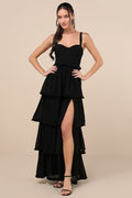 Sophisticated Occasion Black Bustier Lace-Up Maxi Dress