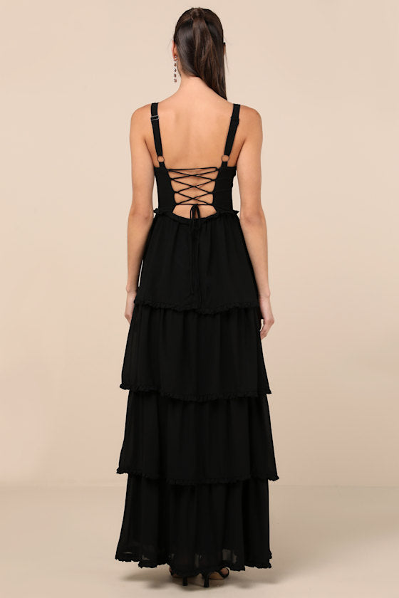 Sophisticated Occasion Black Bustier Lace-Up Maxi Dress