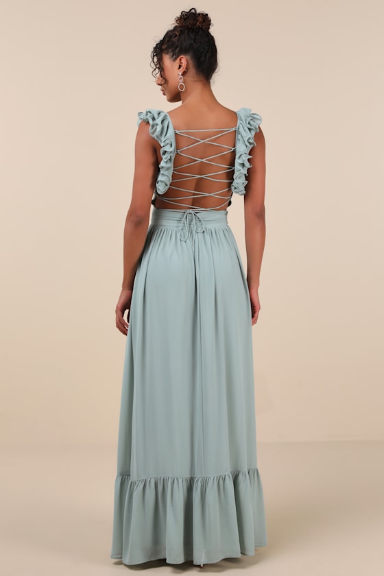 Soiree Celebration Light Blue Floral Ruffled Lace-Up Maxi Dress
