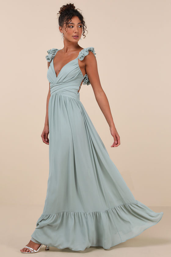 Soiree Celebration Light Blue Floral Ruffled Lace-Up Maxi Dress