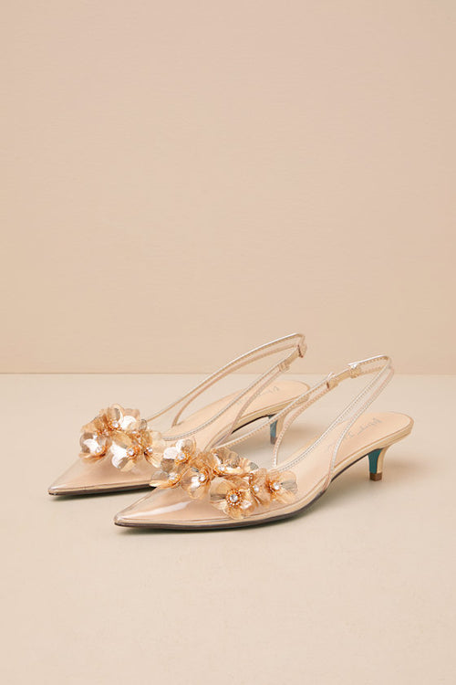 SB-Robin Gold Vinyl Floral Applique Slingback Kitten Heel Pumps