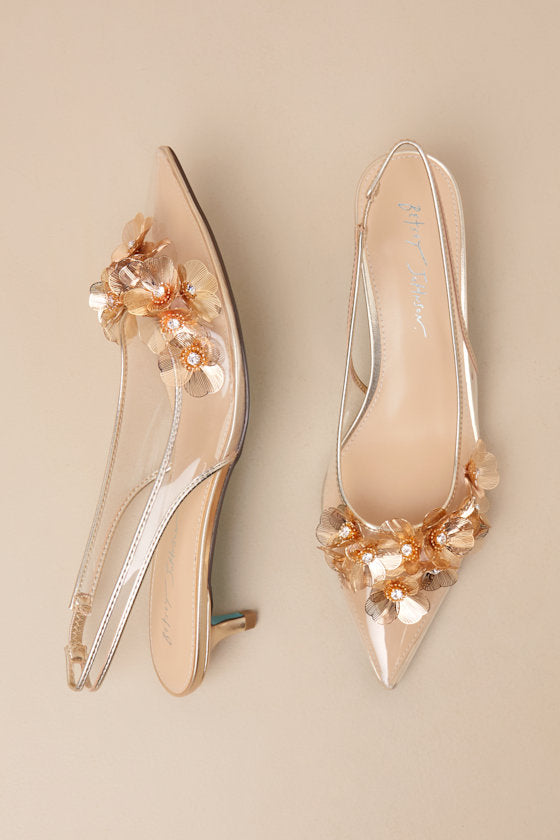 SB-Robin Gold Vinyl Floral Applique Slingback Kitten Heel Pumps