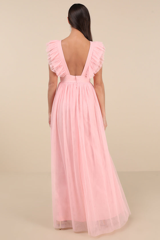 Simply Delighted Pink Mesh Ruffled Backless Maxi Dress