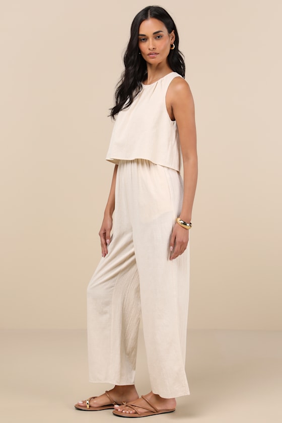 Breezy Sophistication Beige Textured Wide-Leg Jumpsuit