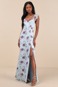 Sweetest Entrance Light Blue Floral Ruffled Tie-Back Maxi Dress