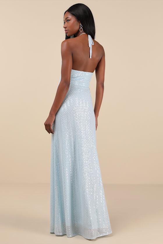 Kalina Light Blue Sequin Halter Maxi Dress