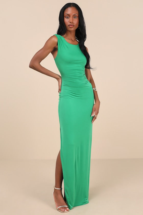 Significant Allure Green Slinky Knit Ruched Maxi Dress