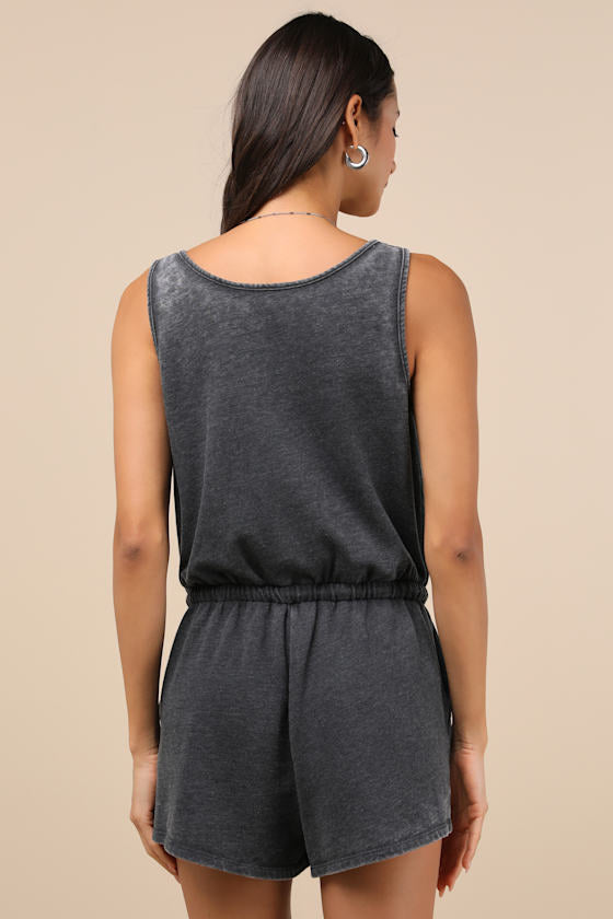 Perfect Lazy Day Charcoal Sleeveless Drawstring Lounge Romper