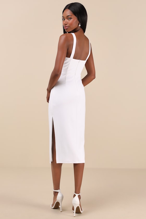 Vibrant Allure White Square Neck Sleeveless Bodycon Midi Dress