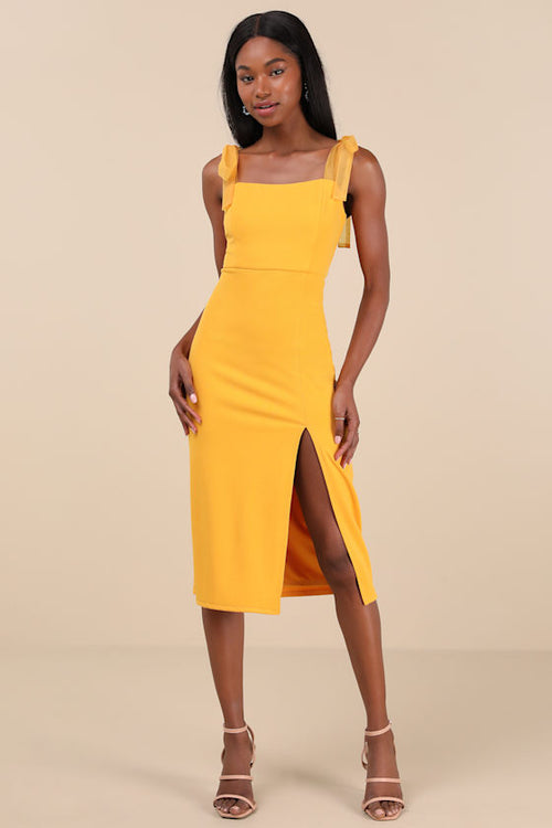 Romantic Celebration Yellow Tie-Strap Bodycon Midi Dress