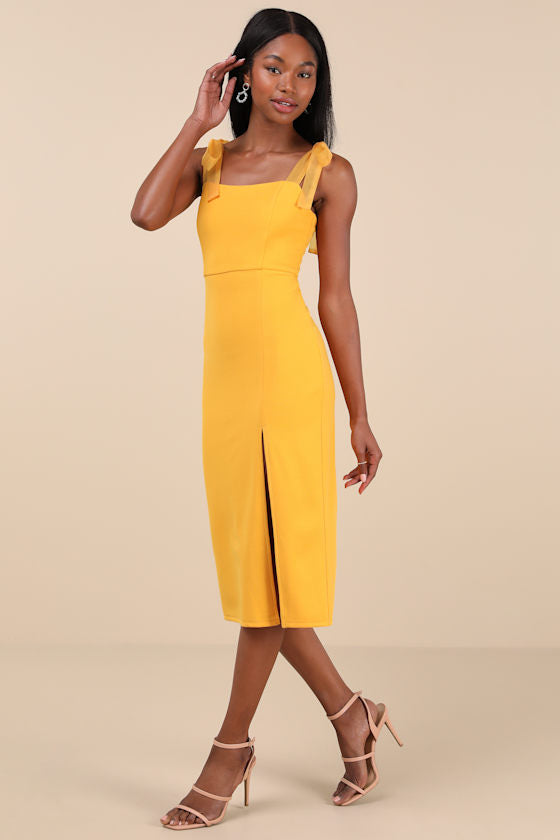 Romantic Celebration Yellow Tie-Strap Bodycon Midi Dress