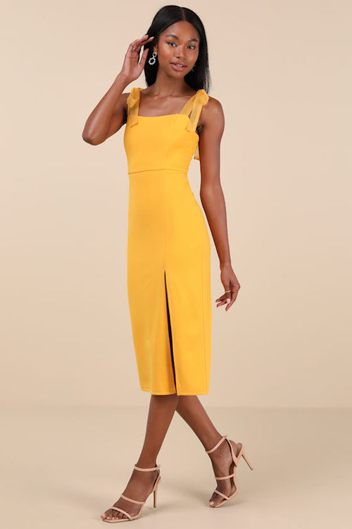 Romantic Celebration Yellow Tie-Strap Bodycon Midi Dress