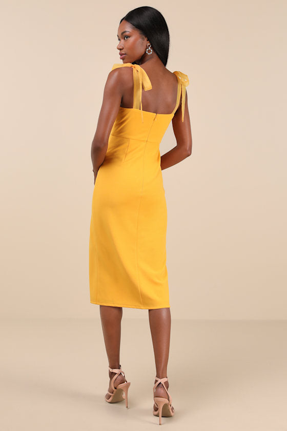 Romantic Celebration Yellow Tie-Strap Bodycon Midi Dress