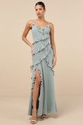 Fancy Sweetness Sage Green Ruffled Lace-Up Sleeveless Maxi Dress