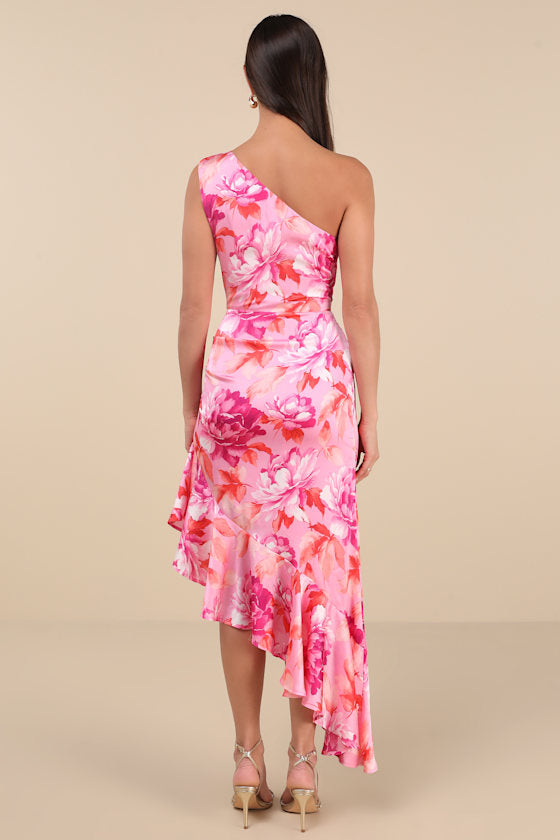 Divinely Blooming Pink Multi Floral One-Shoulder Midi Dress