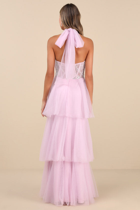 Camie Light Pink Tulle Sequin Bustier Maxi Dress