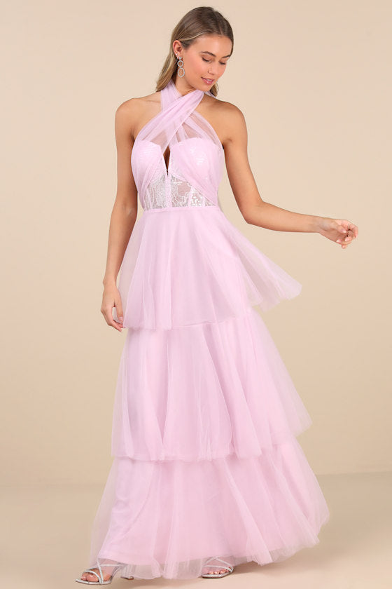 Camie Light Pink Tulle Sequin Bustier Maxi Dress