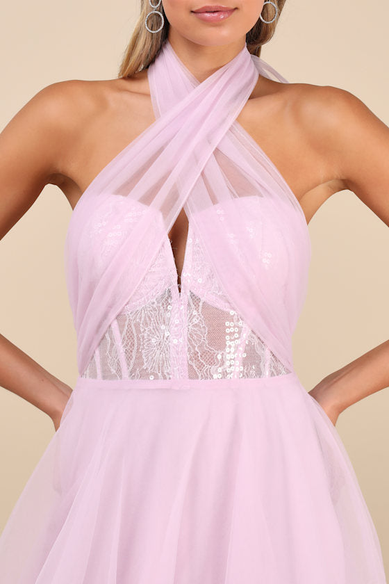 Camie Light Pink Tulle Sequin Bustier Maxi Dress