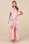 Midnight Mood Pink Floral Print Tiered Maxi Dress