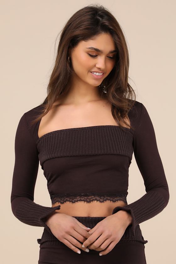 Cozy Knit Dark Brown Long Sleeve Crop Top