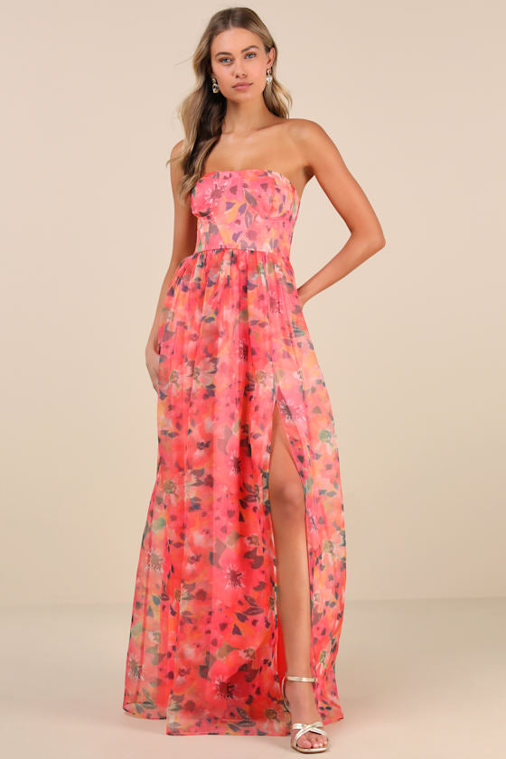 Wonderful Waltz Coral Floral Print Strapless Bustier Maxi Dress