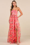 Wonderful Waltz Coral Floral Print Strapless Bustier Maxi Dress