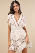 Adored Outing Ivory Floral Flutter Sleeve Surplice Mini Dress