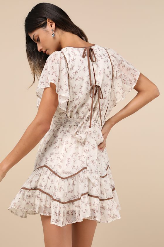 Adored Outing Ivory Floral Flutter Sleeve Surplice Mini Dress
