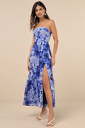 Bright Perspective Blue and Lavender Floral Strapless Midi Dress